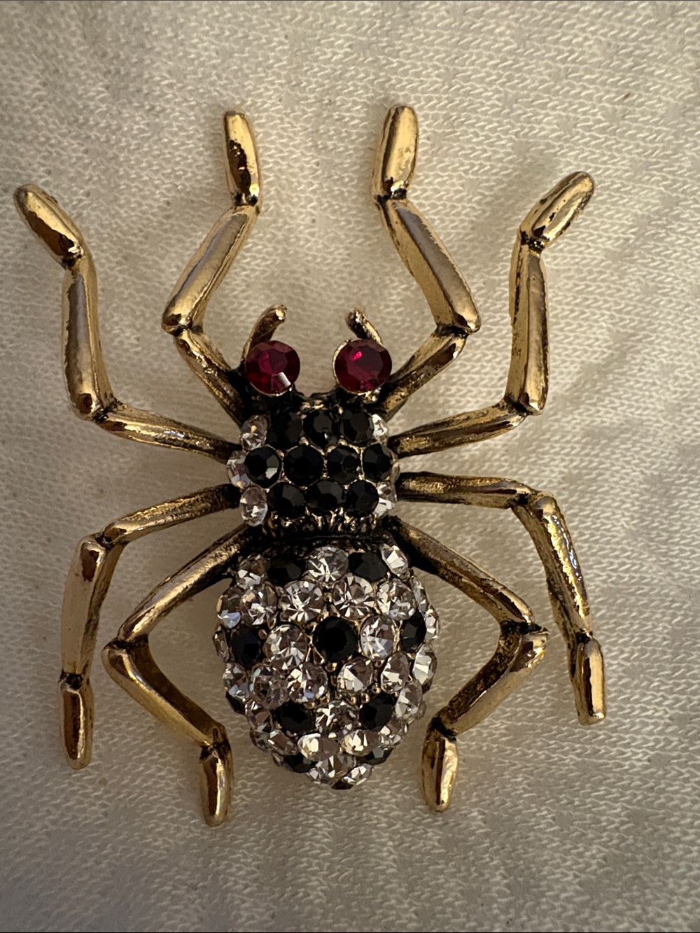 Gold Spider Brooch with Black, Clear & Red Rhinestones